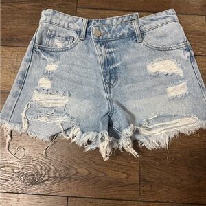 Blue Distressed Jean Shorts with Frayed Hem